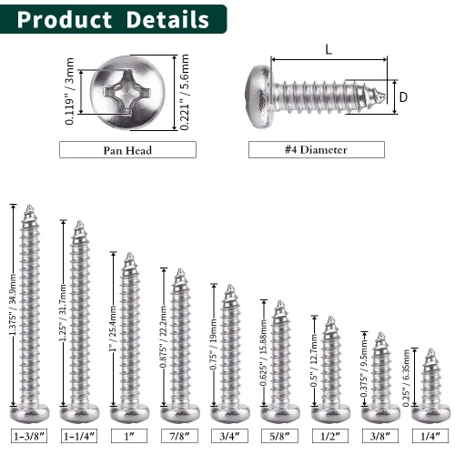 Miniatura 5 de Tornillos para chapa metálica de cabeza cilíndrica #4 x 1, acero inoxidable 304 18-8, cabeza Phillips, autorroscantes, resistentes a la corrosión
