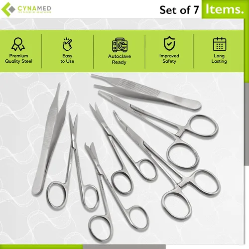 Miniatura 2 de Juego de 7 piezas: tijeras, pinza, pinza hemostática, porta agujas y destornillador para entrenamiento educativo y procedimientos médicos, fabricado