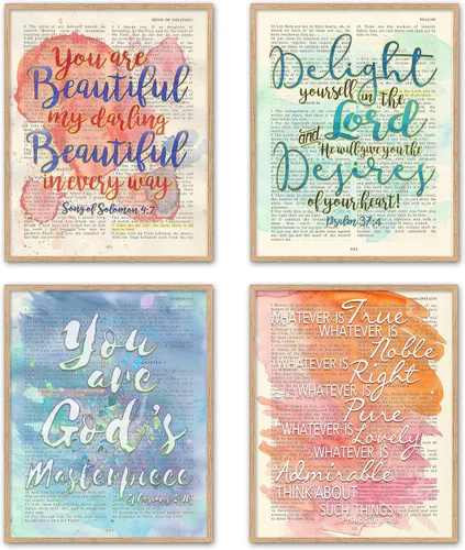 Impresiones artísticas cristianas en acuarela, juego de 4, Canción de Salomón 4:7, Salmo 37:4, Efesios 2:10, Filipenses 4:8 sin marco, póster de
