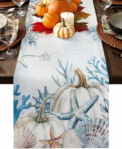 Camino de mesa de otoño con diseño de calabaza y estrellas de mar, 72 pulgadas, color coral, camino de mesa para cocina, comedor, vacaciones, otoño,