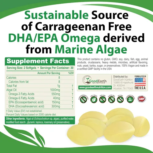 Miniatura 2 de Vegano Omega 3 - Algas DHA/EPA a base de plantas sin carragenano - 60 cápsulas blandas vegetales - Apoya la salud cerebral, cardíaca y prenatal