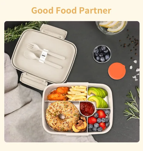 Miniatura 7 de Lonchera Bento, contenedor de almuerzo de 5 compartimentos para niños y adultos con taza de aperitivos, cajas de fibra de trigo ecológicas con doble