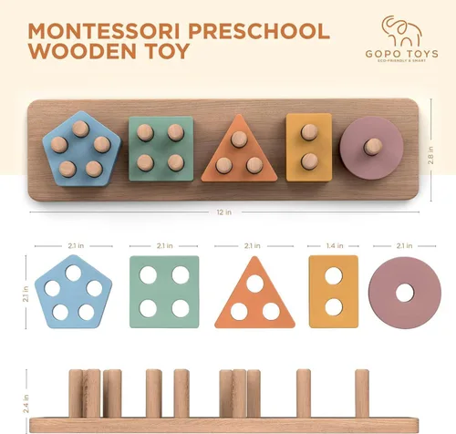 Miniatura 6 de GOPO TOYS Juguetes Montessori para niños de 1 año - Clasificador de formas de madera y rompecabezas apilables - Aprendizaje de niños pequeños