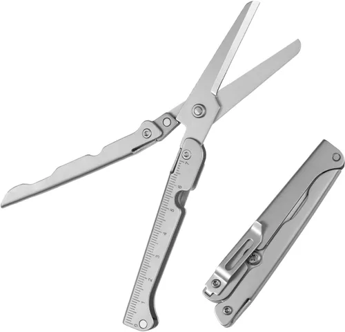 XXOK Tijeras plegables 2 en 1 con regla de medición, mini tijeras de viaje de acero inoxidable, tijeras portátiles ligeras EDC multiherramienta