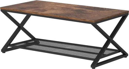 Miniatura 8 de LVB Mesa de café rústica, mesa de cóctel de té de madera y metal industrial de 2 niveles con almacenamiento para sala de estar, mesa central Marrón