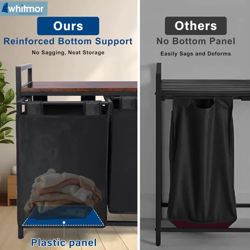 Miniatura 7 de Whitmor Organizador de ropa sucia, cesta de lavandería de 92 litros con estante y 2 bolsas extraíbles, 2 x 12.1 galones (46 litros), 28.8 x 13 x