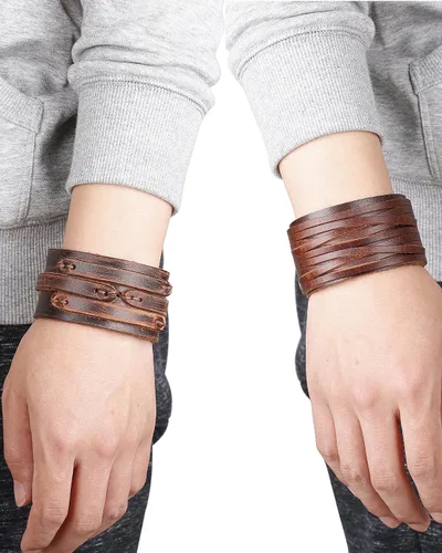 Miniatura 7 de THUNARAZ 2PCS Leather Cuff Bracelet Wrap Wristband Button Bangle for Men Women Adjustable Wide Brown Belt Punk Bracelet