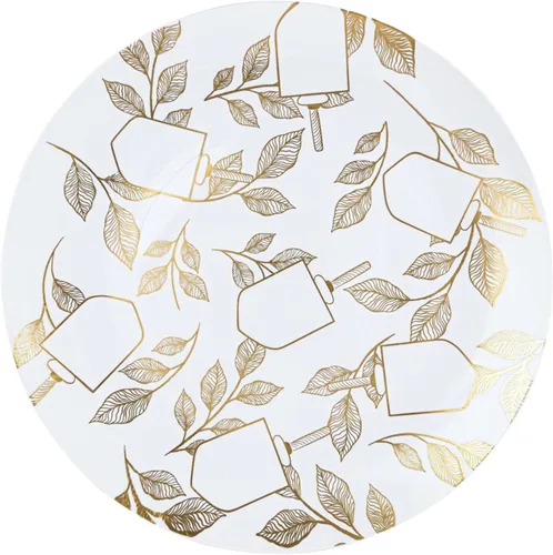 EcoQuality Platos redondos de plástico de 10 pulgadas, platos llanos blancos de Hanukkah con diseño de Dreidel dorado de Janucá para fiesta de