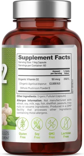 Miniatura 6 de USDA Organic Vegan Whole Food Vitamina D (D2), 2000 UI (50 mcg), apoyo óseo e inmunológico, hongos enteros expuestos a los rayos UV, 2 ingredientes