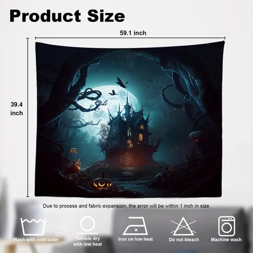 Miniatura 5 de Shrahala Tapiz de pared divertido de Halloween, castillos, calabazas, murciélagos, bosques, niebla, para colgar en la pared, tapiz grande de fibra