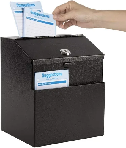 KYODOLED Caja de sugerencias con candado y 50 tarjetas de sugerencia gratis, boleta de metal montada en la pared, caja de donación y colección para