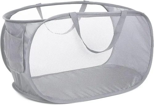 Miniatura 29 de Cesta de lavandería desplegable de malla resistente, cestas plegables con bolsillo lateral, cesta de ropa plegable con asas de transporte reforzadas