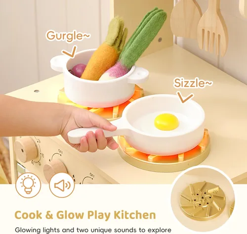 Miniatura 5 de OOOK Juego de cocina de madera con sistema de almacenamiento, cocina para niños con muchas características de juego, juego de cocina para niños