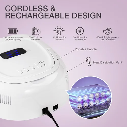 Miniatura 3 de Lámpara de uñas LED UV inalámbrica, secadora de uñas recargable de 60 W, luz de curado de esmalte de uñas para manicura con sensor automático y 4