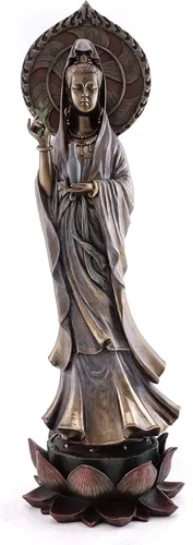 Top Collection Estatua de Guan Yin de pie en pedestal de loto, escultura de Quan Yin de la diosa de la compasión y la misericordia de Asia oriental