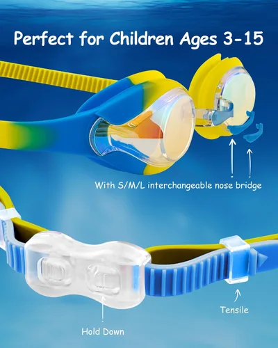 Miniatura 2 de Gafas de natación para niños, antivaho y protección UV con gorro de natación para niños de 3 a 15 años Azul y Amarillo