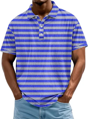 Miniatura 14 de Camisa polo de manga corta para hombre, camiseta de golf a rayas, de manga corta, para vacaciones, casual, cuello en V, camiseta de verano con Rojo