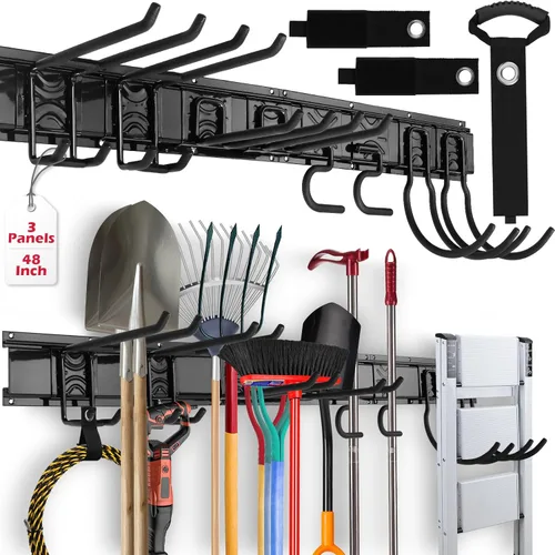 SEDY Organizador de pared de garaje resistente de 48 pulgadas, estante de almacenamiento de herramientas de montaje en pared con ganchos ajustables,