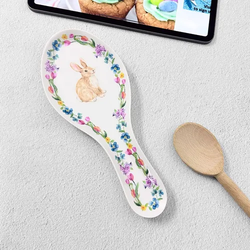 Miniatura 6 de UP ware - Soporte para cuchara de melamina con diseño floral de conejito para estufa, encimera de cocina y mesa de comedor, 9.625 pulgadas