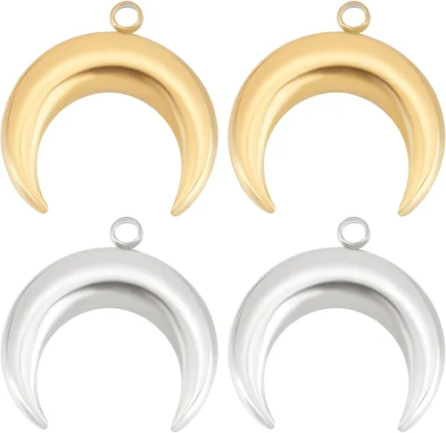 Beebeecraft 12 dijes de luna chapados en oro de 18 quilates, 2 colores, plata y oro, doble cuerno con caja de plástico para hacer collares, aretes,
