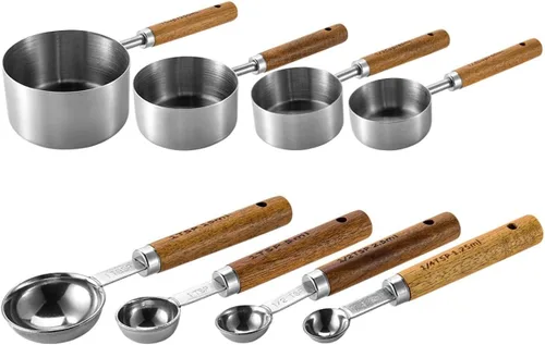 Miniatura 9 de JASHII Juego de 8 tazas y cucharas medidoras de oro rosa con mango de madera de acacia, herramientas de cocina de acero inoxidable para cocinar