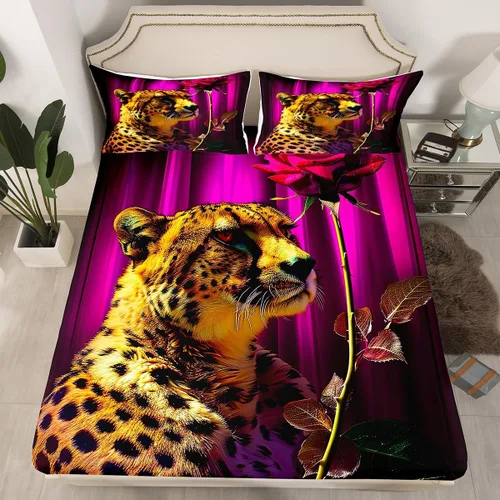 Miniatura 9 de Erosebridal Juego de sábanas bajeras de rosas rojas y leopardo, tamaño individual, diseño de animales africanos salvajes, diseño de plantas