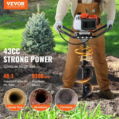 Miniatura 2 de VEVOR Excavadora de Agujeros para Postes, Excavadora de Agujeros para Postes con Barrena de 43cc 1250W, Excavadora de Tierra a Gas con Broca
