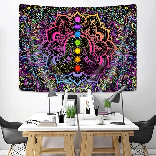 Miniatura 2 de Tapiz espiritual de mandala bohemio de siete chakras, para colgar en la pared psicodélico para yoga, meditación, estudio bohemio, dormitorio, sala