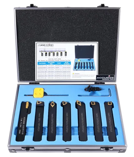 Accusize Industrial Tools Juego de herramientas de torneado de carburo indexable de 7 piezas de vástago de 5/8 pulgadas en caja ajustada, 2387-2005