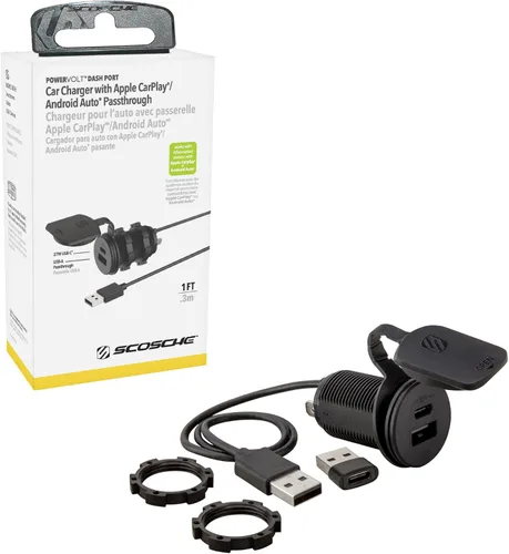 Scosche CPPDRLK-SP PowerVolt 27W Dash Port USB PD 3.0 Tipo-C Cargador de coche compatible con Apple CarPlay y Android Auto Passthrough con adaptador