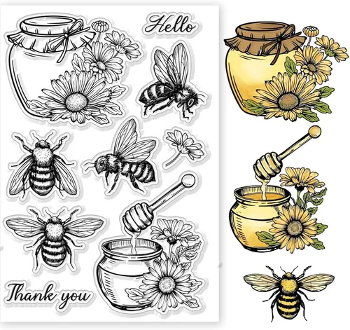 Miniatura 9 de GLOBLELAND Sellos transparentes de abeja para decoración de álbumes de recortes, diseño de abeja Happy Greetings, sello de silicona transparente