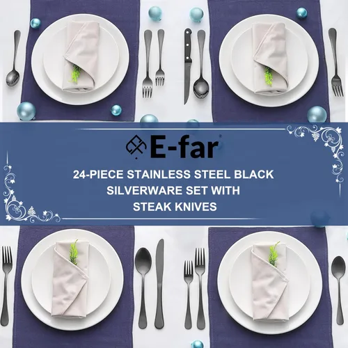 Miniatura 7 de E-far Juego de cubiertos negros de 24 piezas con cuchillos para carne, cubiertos de acero inoxidable para 4, modernos juegos de utensilios de metal