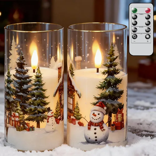 Miniatura 17 de GenSwin Velas de Navidad sin llama con temporizador remoto, juego de 2 velas LED de Navidad que funcionan con pilas con casa de nieve, Papá Noel