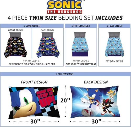 Miniatura 4 de Franco Juego de sábanas y edredón súper suave para niños, 4 piezas, tamaño individual, Sonic the Hedgehog Sonic el erizo