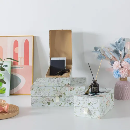 Miniatura 7 de Soul & Lane Cajas decorativas florales pastel con tapas con bisagras y tirador de cinta apagada, pétalos pastel, juego de 3
