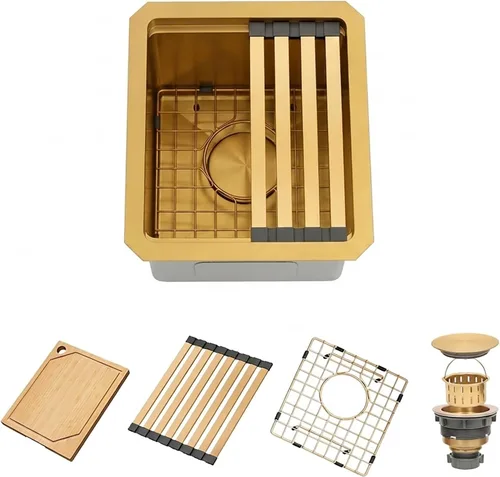 Miniatura 18 de Fregadero de barra de montaje inferior, fregadero de barra dorada de 15 pulgadas, fregadero de cocina de 15 x 15 x 9 pulgadas, fregadero de cocina