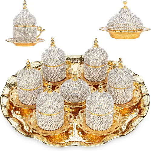 Alisveristime Juego de café turco adornado con cristal, 27 piezas, tazas decorativas de Zamac para espresso, platillos y azucarero con bandeja,