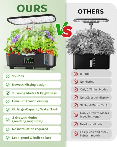 Miniatura 4 de Kit de sistema de cultivo hidropónico Misting de 15 cápsulas para jardín de hierbas inteligente para interiores con panel táctil LCD de 6 L, tanque