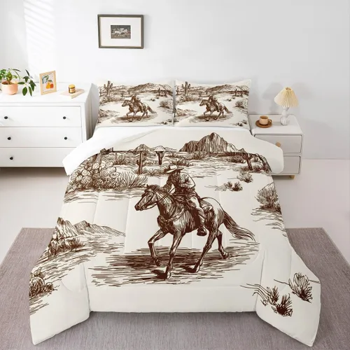 Juego de edredón de vaquero individual, ropa de cama occidental para niños y hombres, ilustración dibujada a mano de caballo americano salvaje