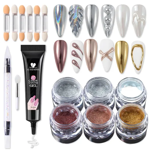 Kit de Polvo de Uñas Cromado y Gel de Uñas 3D, Efecto Espejo Metálico Brillante Polvo Cromado Para Arte de Uñas, Pigmento de Polvo de Inmersión