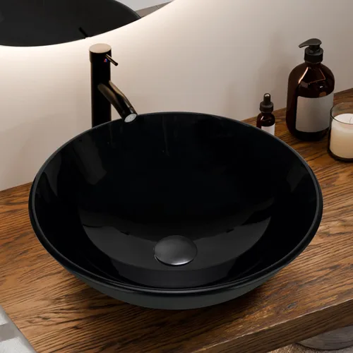 Miniatura 8 de YIMAI Lavabo de Vidrio Negro 16.5" x 16.5" x 5.5" – Vidrio Templado Sobre Encimera Lavabo Redondo para Baño Tazón de Encimera Lavabos Modernos