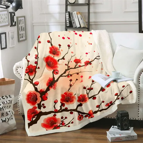 Manta de flores de cerezo, manta decorativa botánica floral para habitación de niños, ramas de árbol florecen arte japonés retro, manta de forro