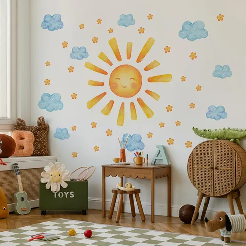 Miniatura 3 de 35.4 × 11.8 pulgadas, diseño de nubes de sol, mural de acuarela, vinilo moderno, extraíble, adhesivo para guardería, sala de juegos, sala de estar