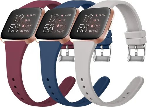Tobfit Pack 3 bandas delgadas compatibles con Fitbit Versa 2 Bands/Fitbit Versa/Fitbit Versa Lite/SE, pulsera de repuesto de silicona para hombres y