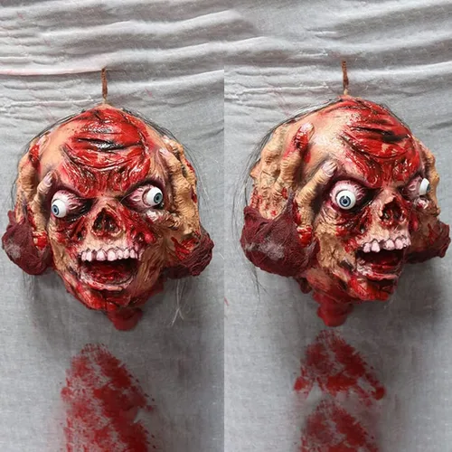 RiceelSor Decoración colgante de cabeza dividida para Halloween, diseño de cadáver sangriento, de terror, de tamaño real, con peluca, disfraz para
