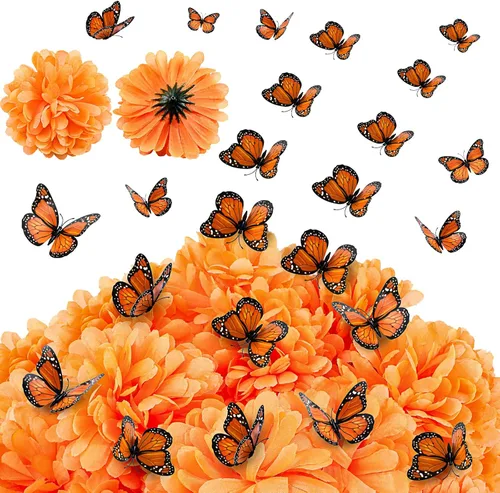 Canlierr 32 piezas de decoración Dia De Los Muertos incluyen 20 cabezas de flores de caléndula, 12 decoraciones de mariposa monarca, flores