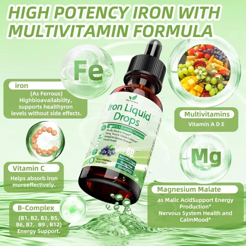 Miniatura 2 de Suplemento de hierro líquido para mujeres, hombres y niños, gotas de hierro veganas con vitamina C D, B12, complejo B, líquido de alta potencia