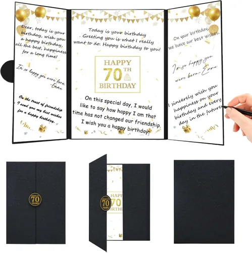 Roetyce Decoraciones de cumpleaños de 70 años, libro de invitados de feliz cumpleaños 70 de oro negro, regalos de cumpleaños 70 para mujeres y
