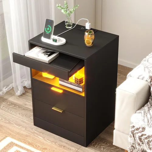 Miniatura 7 de Yusong Mesita de Noche, Mesa de Noche, Mesita LED con Estación de Carga, Mesita Moderna, Mesa de Sofá de Madera con 2 Estantes Deslizantes (Negro)