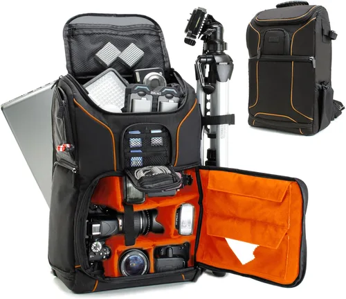 USA Gear - Mochila para cámara para fotógrafos DSLR/SLR/cámara sin espejo con ranura para laptop, cubierta para la lluvia, soporte para trípode